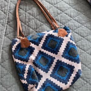 Blue and Tan Geometric Patterned Tote Bag from India